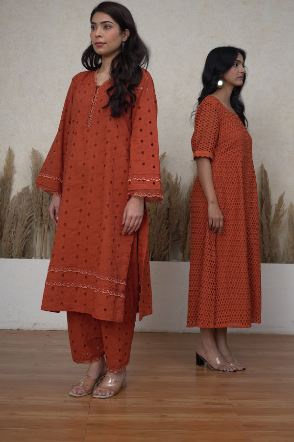 Burnt orange hakooba pakistani straight salwar suit