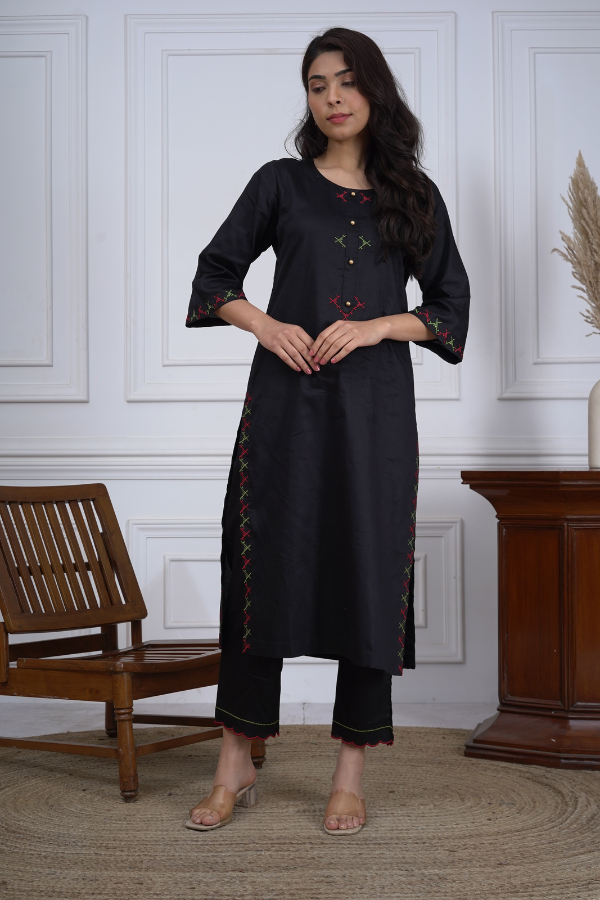 Black Glaze Cotton machine embroidered pant suit