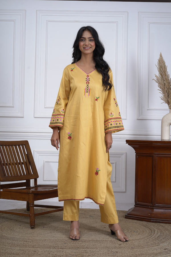 Mustard yellow Glaze cotton machine embroidered pakistani pant suit