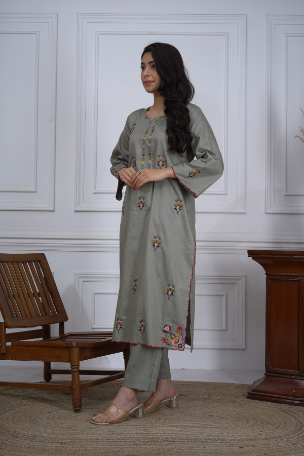 Sage green Glaze cotton machine embroidered pakistani pant suit