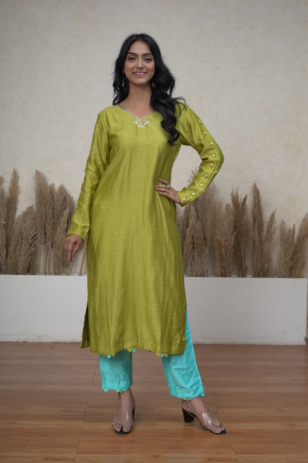 Parrot and feroza chanderi silk suit