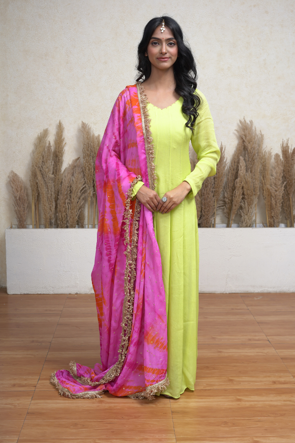 Neon green pure chinnon Shiffon Anarkali suit .