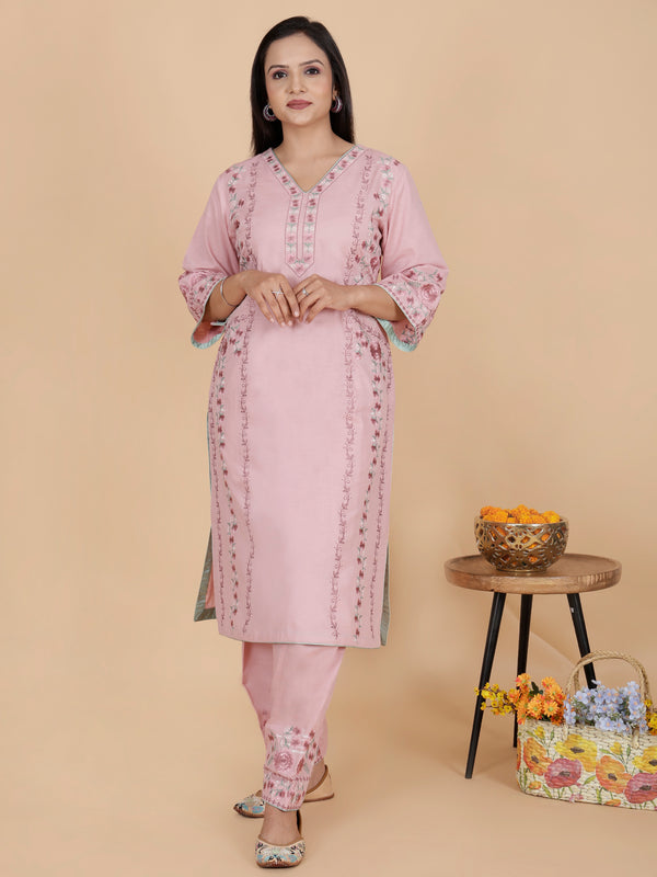 Pastel pink linen machine embroidered cotton suit