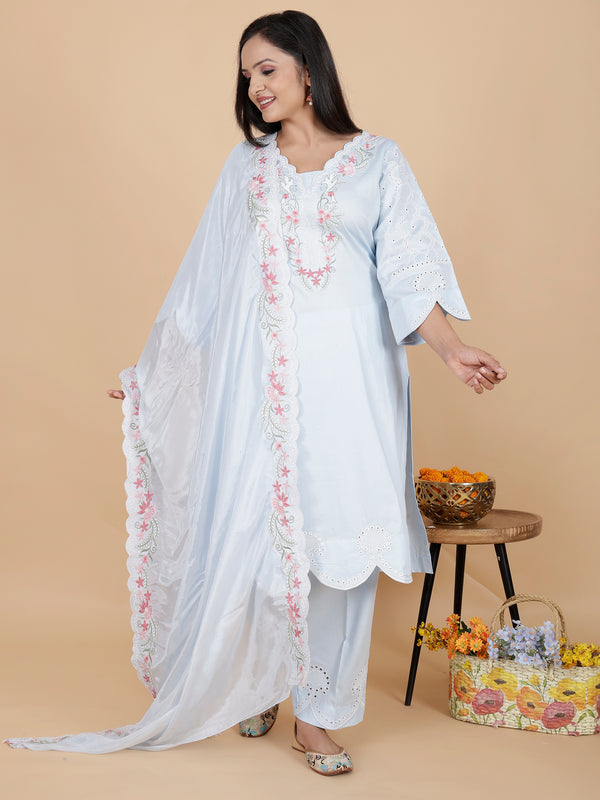 Powder blue linen machine embroidered cotton suit