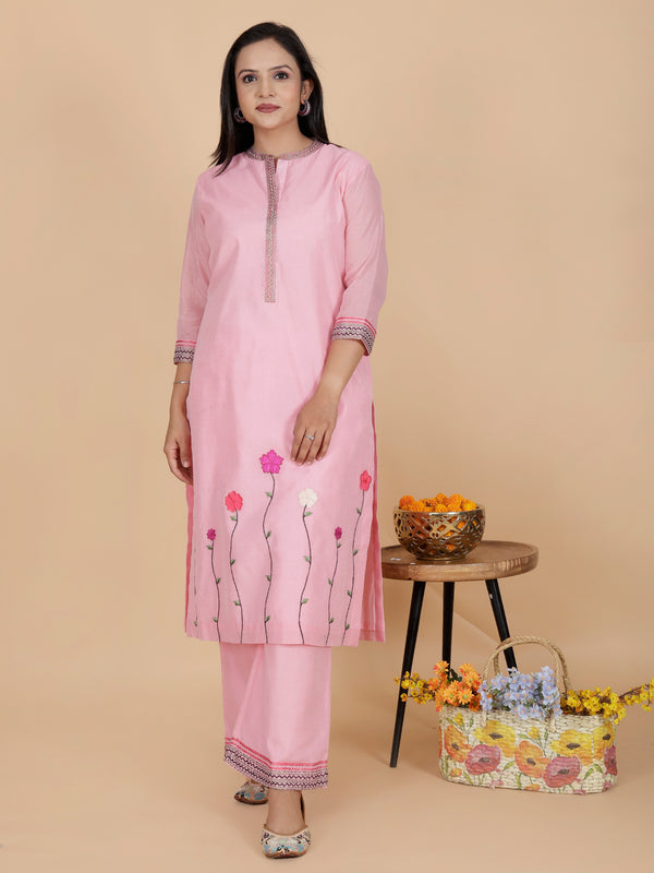 Blush pink chanderi silk applique embroidery suit