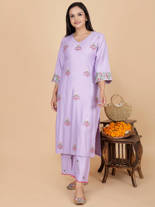 Lavender imported Silk machine embroidery suit