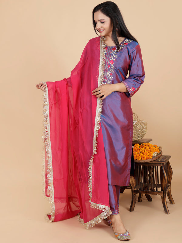 Purple pure silk Resham embroidery suit