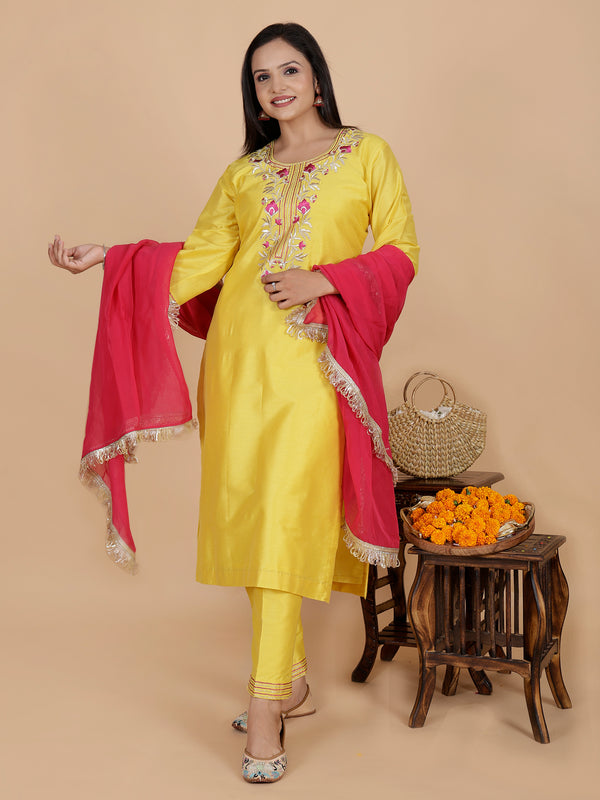 Vibrant Yellow Pure Chanderi Silk Embroidery suit