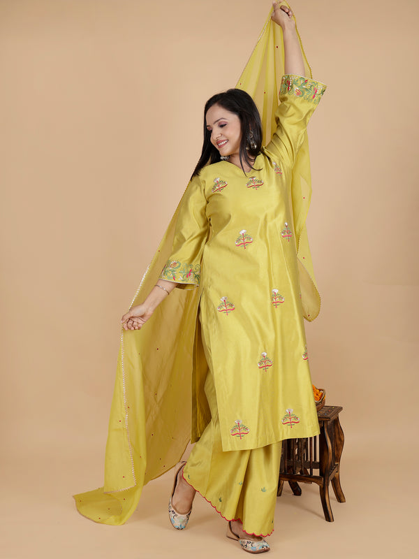 Yellow Italian Silk Resham Embroidery suit