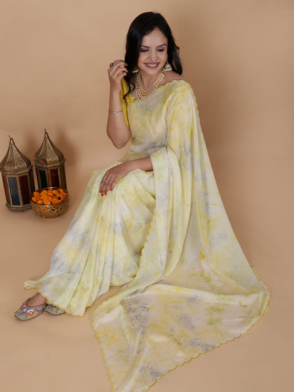 Lime Yellow Tye n dye saree with Embroidery blouse