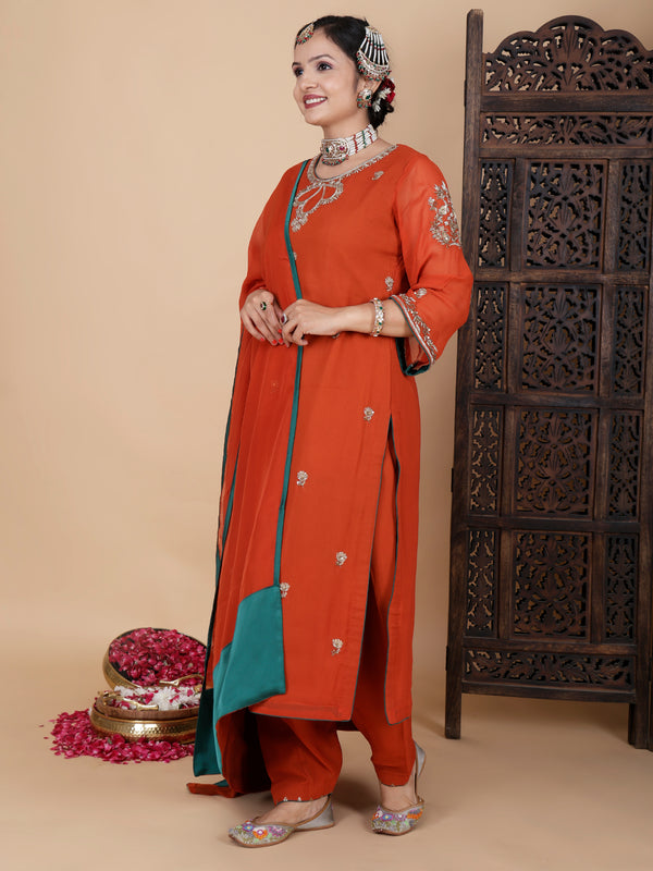 Rust Heavy zardozi dabka embroidery Georgette suit