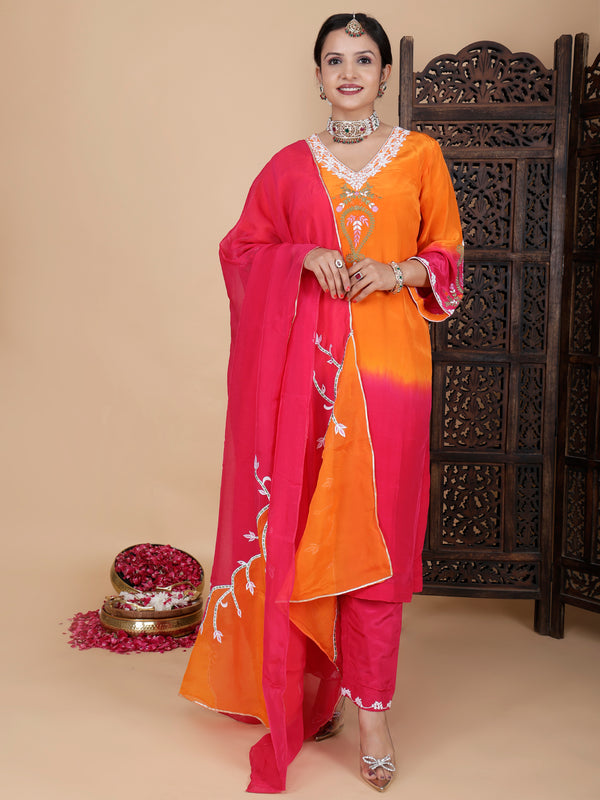 Orange n majenta ombre designer embroidered suit