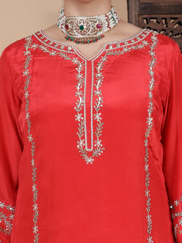 Red dabka embroidery pure crepe salwar suit