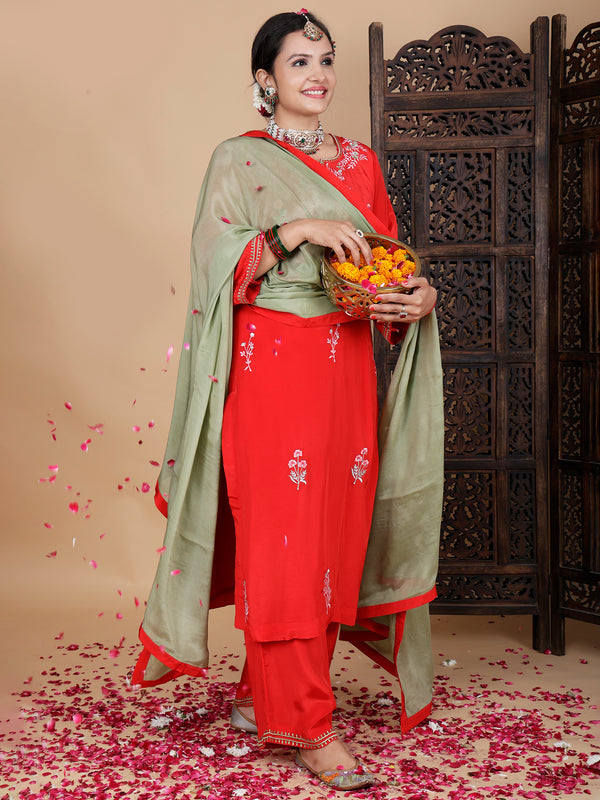 Red Resham embroidery pant suit