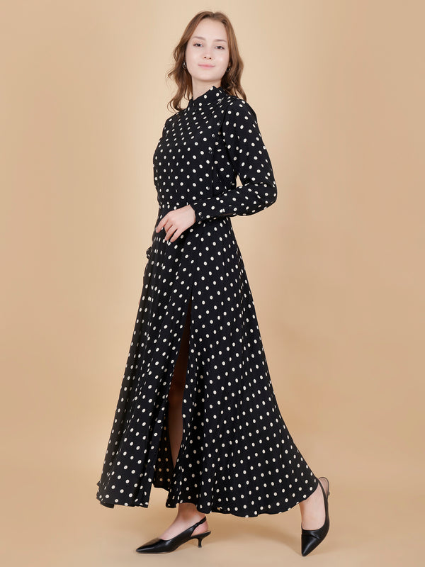 Black Polka long crepe dress