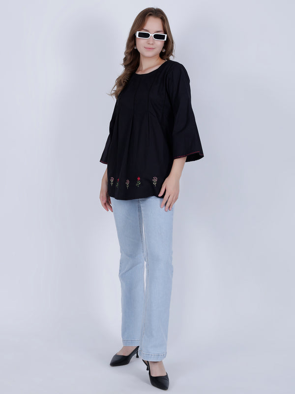 Black Embroidery Linen Top