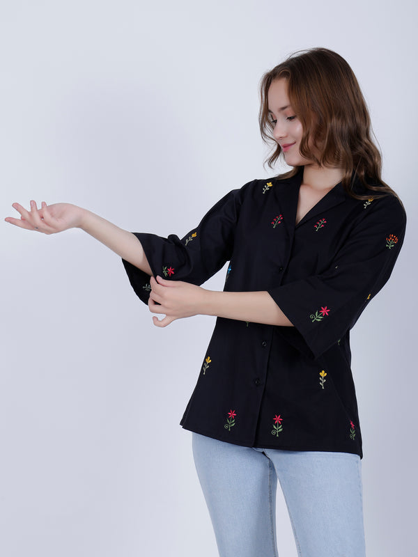 Black Embroidery Linen Top