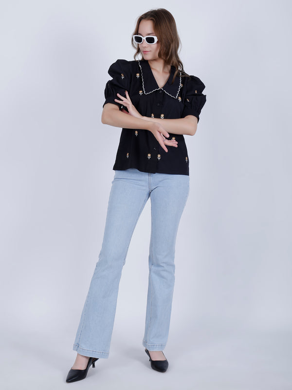 Black Embroidery Linen Shirt