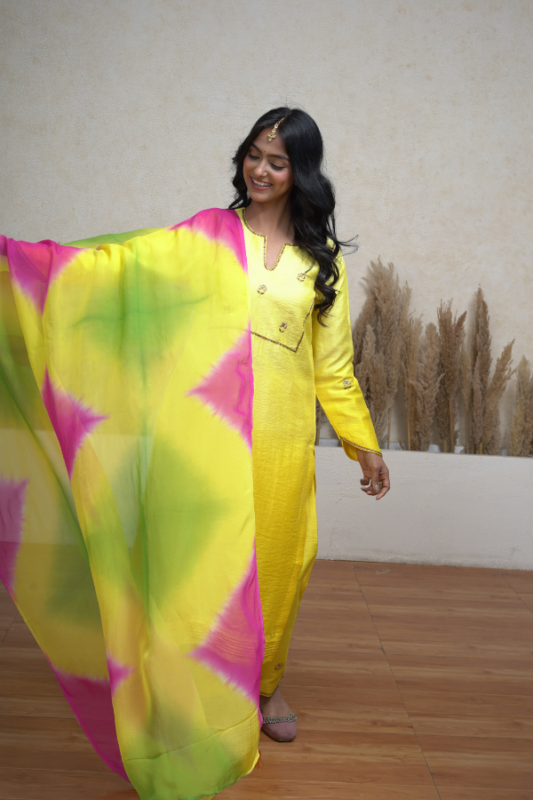 Yellow ombre dyed chanderi silk suit